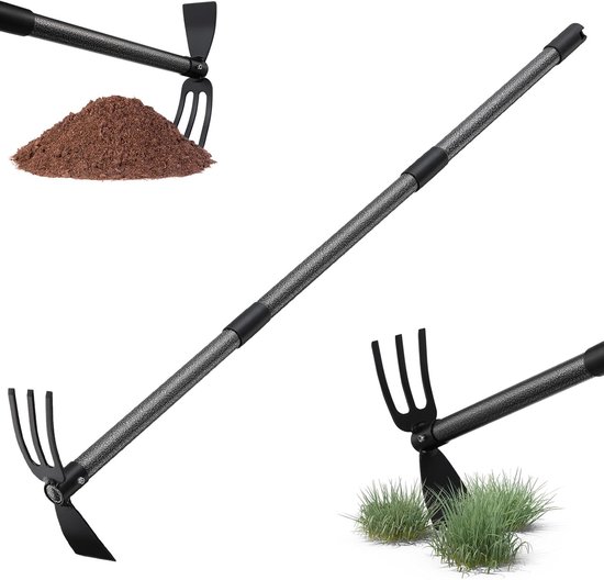 SnelShoppen - 116 cm Tuinhak met Handvat Multi-Functionele Dubbele Hak met 3 Tanden Metaal Onkruidhark Plantenhaak Tuinwerkzaamheden voor Losmaken, Lu