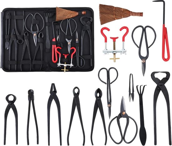 SnelShoppen - 14-delige Bonsai Gereedschap Set - Professionele Carbon Stalen Bonsai Scharen, Fork, Concave Cutter en Case - Ideaal voor Tuinliefhebber