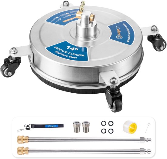 SnelShoppen - 14" Hogedrukreiniger Oppervlaktereiniger met 4 Wielen, Roestvrijstaal, 4000 PSI, 1/4" Quick Connect Plug voor Betonnen Oprit - Zilver