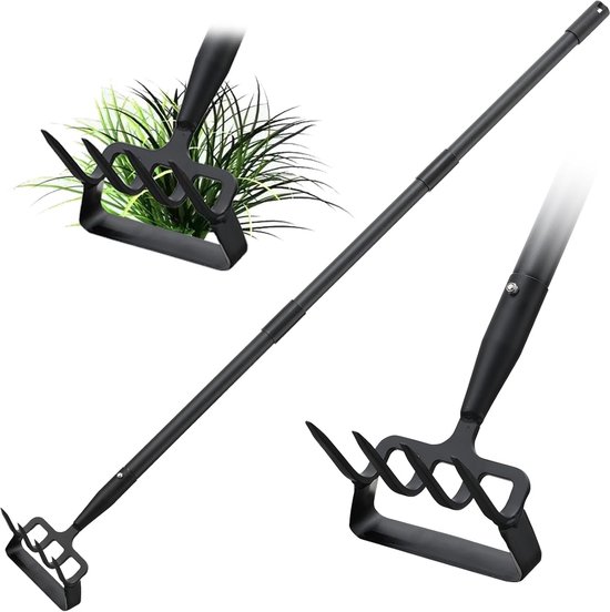 SnelShoppen - 2-in-1 Tuin Hark en Schoffel met 152 cm Lange Handgreep, Efficiënte Onkruidverwijderaar en Cultivator met Scherpe Mes en 4 Tanden voor T