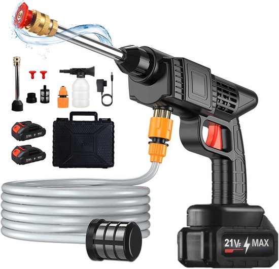 SnelShoppen - 21V Accu Hogedrukreiniger met 2 Batterijen, 5m Slang, Verstelbaar Straalwasgereedschap voor Auto, Tuin, Vloerreiniging, Terras, Draadloo