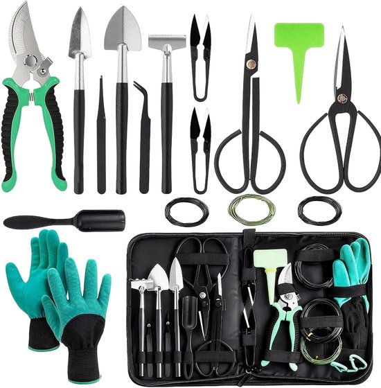 SnelShoppen - 24-Delige Gartenset, Bonsai Gereedschap, Bonsai Schaar, Bonsai Draad, Pinzette, Tuinhandschoenen, Mini Tuinset voor Bonsai Beginners