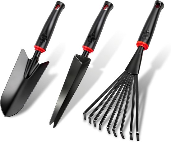 SnelShoppen - 3-delige Tuinschep Set - Bloemenschep, Smalle Plantenschep, Hark met Negen Tanden - Klein Tuingereedschap voor Planten, Verplanten en Wi