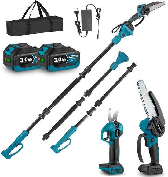 SnelShoppen - 4-in-1 Draadloze Snoeiset met 2m Telescopische Steel, 15cm Telescopische Zaag, 25mm Snoeischaar, 180° Verstelbare Hoek, 2x 3,0Ah Accu's