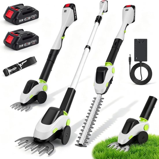 SnelShoppen - 4-in-1 Draadloze Telescopische Heggenschaar en Snoeischaar op Steel met 2 Accu's, Verstelbare Snijkop tot 1,4m, 29cm Mes, Tuin Gereedsch