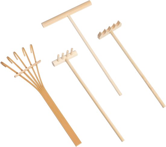 SnelShoppen - 4 Stuks Mini-Zen Tuingereedschapsset - Houten Mini-Harken en Tuinhark voor Thuis, Kantoor, Poppenhuisdecoratie - Bamboe - Zen Tuinaccess