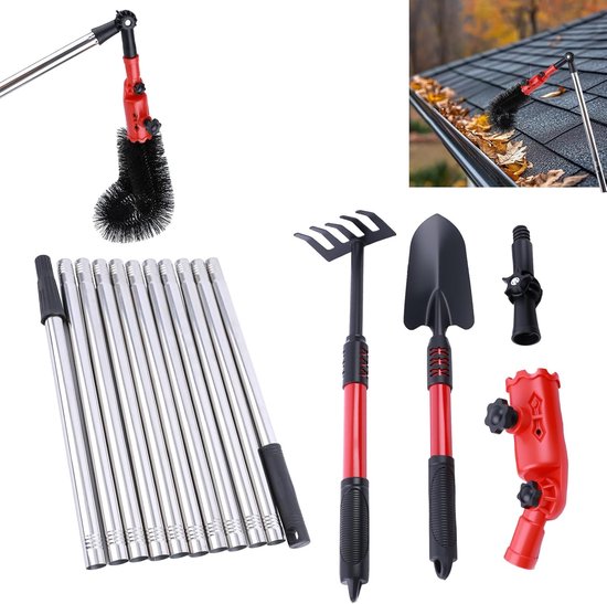 SnelShoppen - 4m Telecopische Gootreiniger met Riek, Schep en Gootborstel | 180° Draaibare Kop, Gootreinigingsgereedschap voor Bladeren, Vuil, Geen La