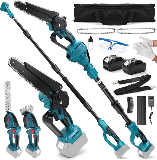 SnelShoppen - 6-in-1 Telescopische Snoeischaar & Accu Heggenschaar Set met 2x 4Ah Batterijen, 8 Inch Elektrische Kettingzaag, 22cm Heggenschaar, 13cm