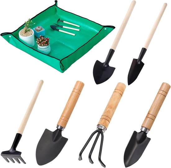 SnelShoppen - 7-stuks Mini Tuingereedschap Set met Houten Handvat, IJzer, Perfect voor Planten, Bloemen, Verplanten en Aarde Losmaken in Beperkte Ruim