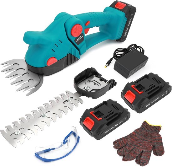 SnelShoppen - Accu Heggenschaar 21 V - 2-in-1 Gras & Heg Schaar, 1260 rpm, Inclusief 2 x 2500 mAh Batterijen & Oplader - Voor Tuin en Gazon (Blauw)