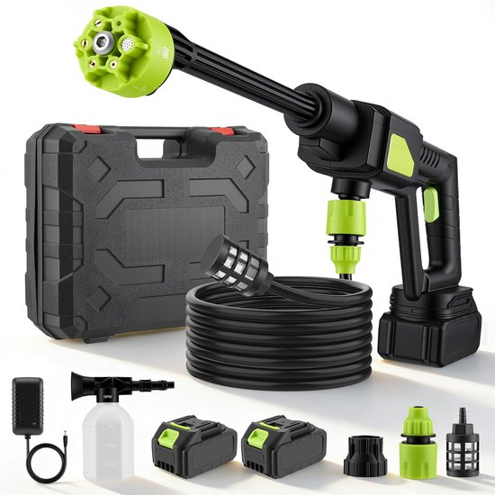 SnelShoppen - Accu-hogedrukreiniger 100 bar, 600 l/u met 6-in-1 mondstuk, 3 instelniveaus, 5 m slang, opbergdoos, ideaal voor auto, tuin, balkon, terr