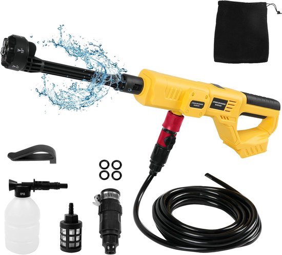 SnelShoppen - Accu Hogedrukreiniger 1000 psi Draagbaar Pistool voor Auto's, Ramen, Tuinen, Zwembaden, 5m Slang, 550W, Nylon Materiaal, 6-in-1 Sproeiko