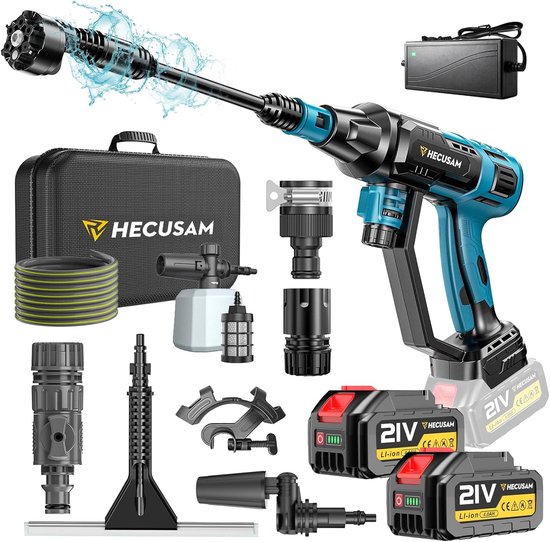 SnelShoppen - Accu Hogedrukreiniger 3000W met Borstelloze Motor, 125 Bar, 6-in-1 Draaibaar Mondstuk, Mobiel met 2x4,0 Ah Batterijen voor Tuin, Auto, C