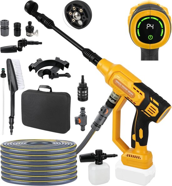 SnelShoppen - Accu Hogedrukreiniger 570W Borstelloos met 6-in-1 Mondstuk, 4-Traps Hogedrukpistool voor Auto, Tuin, Binnenplaats, Hek en Muur, 5m Slang