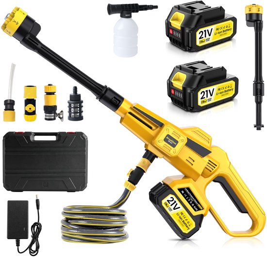SnelShoppen - Accu Hogedrukreiniger 65 bar/1200PSI met Borstelloze Motor en 2 x 4,0 Ah Accu, 21 V Snellader, Verstelbaar Schuimkanon voor Autowassen,