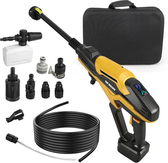 SnelShoppen - Accu Hogedrukreiniger 68 Bar Draagbaar met 3 Instelbare standen, 6-in-1 Sproeikop, Ideaal voor Auto, Tuin en Camping - Geel