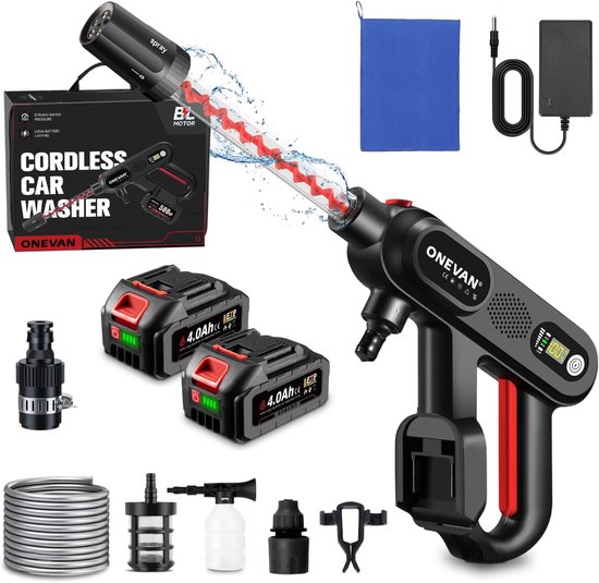 SnelShoppen - Accu Hogedrukreiniger 80 Bar Mini Hogedrukpistool met 2 Accu's 4,0 Ah, LCD-scherm, 5-in-1 Spuitmond, Mobiel, Inclusief 5 m Slang, Schuim