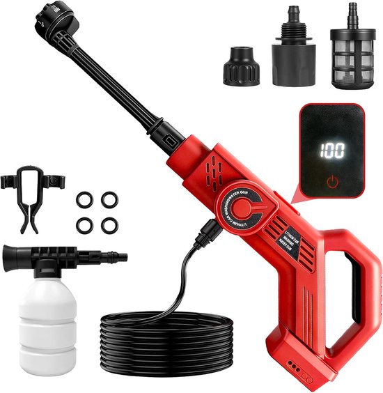SnelShoppen - Accu-Hogedrukreiniger 80 Bar voor 18V-Accu's, Borstelloze Motor, 6-In-1 Mondstuk, Nylon Behuizing, Debiet 6 L/Min, Ideaal voor Auto, Ter
