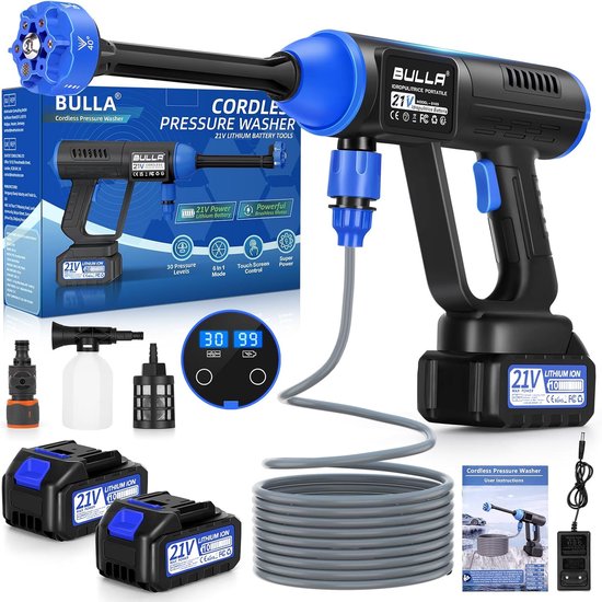 SnelShoppen - Accu Hogedrukreiniger 928 psi - Draadloze Mobiele Hogedrukreiniger met 2 Accu's en 6-in-1 Multifunctioneel Mondstuk voor Balkon, Auto en