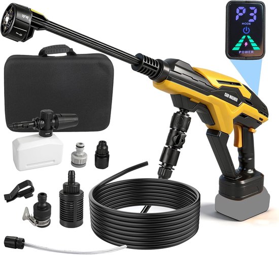 SnelShoppen - Accu Hogedrukreiniger 990 PSI Mobiele Watergun met Brushless Motor, 6-in-1 Spuitmond, 3 Instellingniveaus, LED Scherm voor Auto, Tuin, M