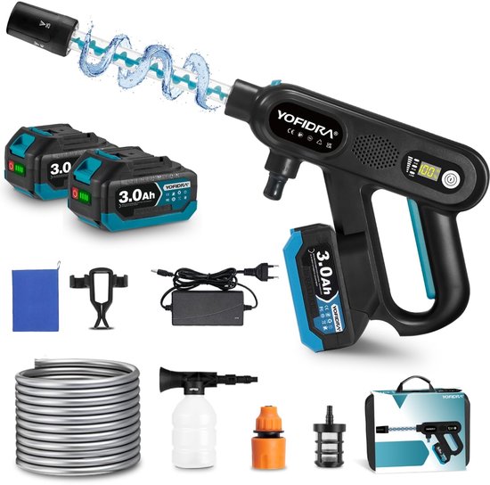 SnelShoppen - Accu Hogedrukreiniger Draadloos 18V 500 Bar - Draagbare Auto Reiniging met 2 Accu's en 5m Slang - Ideaal voor Tuin, Campings en Feesten