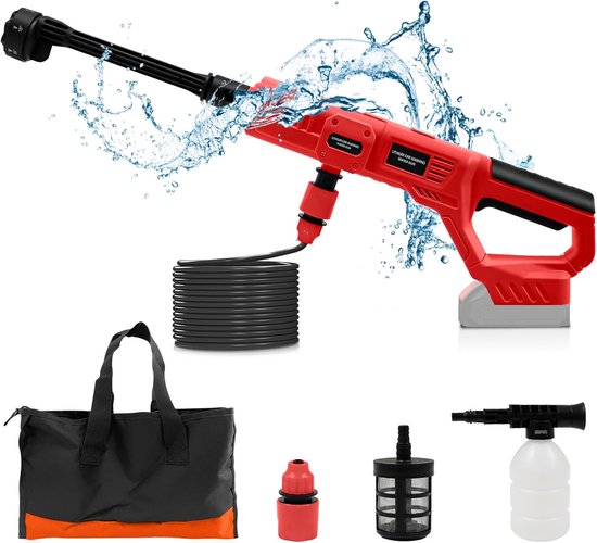 SnelShoppen - Accu-hogedrukreiniger Draadloos 18V - 6-in-1 Spuitmond, 4,9 m Slang - Voor Auto, Huis, Tuin, Gazon, Hek - Krachtige Schuimpot en Multifu