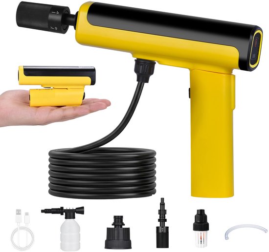 SnelShoppen - Accu Hogedrukreiniger Draadloos 21000 mAh, 30-60 Min Looptijd, Opvouwbaar, 5m Slang, 5-in-1 Mondstuk, Type C Opladen, Schuimpot voor Aut