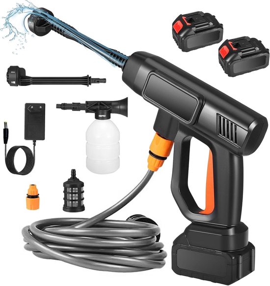 SnelShoppen - Accu-hogedrukreiniger Draagbaar met 6-in-1 Verstelbaar Mondstuk en 5 m Slang - 4000 mAh Hydrojet voor Auto's, Vloeren, Gazon, Tuin
