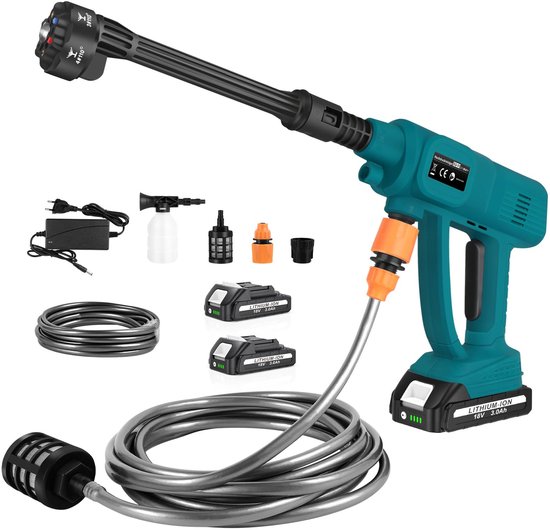 SnelShoppen - Accu-hogedrukreiniger met 6-in-1 multifunctioneel mondstuk, 5 m slang, 2 accu's en accessoires voor auto, tuin, huisdier, douche, vloer,