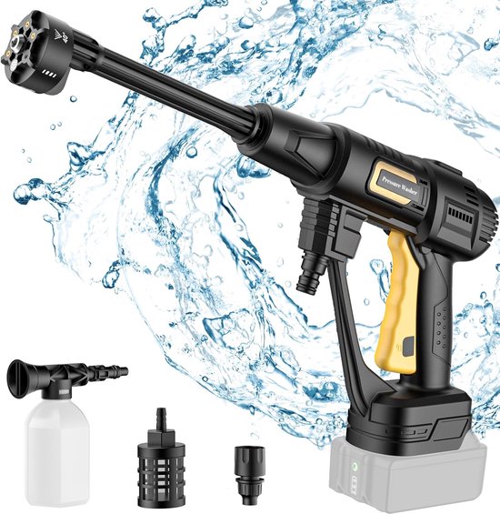 SnelShoppen - Akku Hochdruckreiniger voor Tuin, Auto, Teras, Hoge Druk, Draadloos, Compact, Lichtgewicht, 111 Bar, Inclusief Accessoires, Ideaal voor