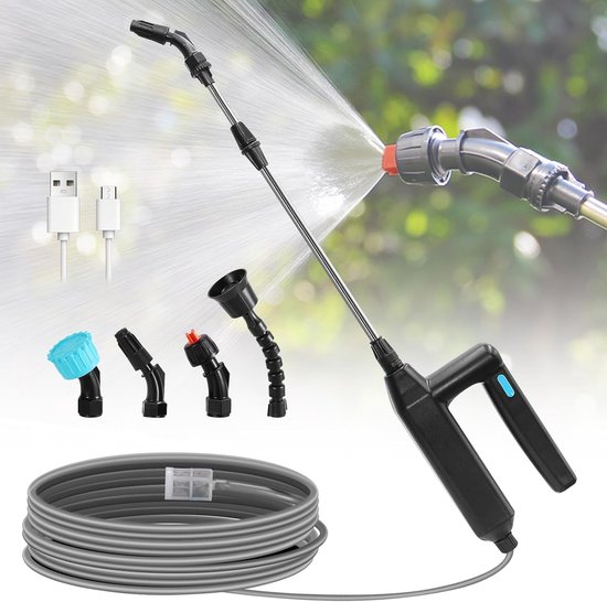 SnelShoppen - Auvstar Accu Drukspuit, Elektrische Planten Spuit, 5 m Slang, 4 Spuitmonden, Oplaadbaar en Draagbaar voor Tuin, Gazon en Onkruid