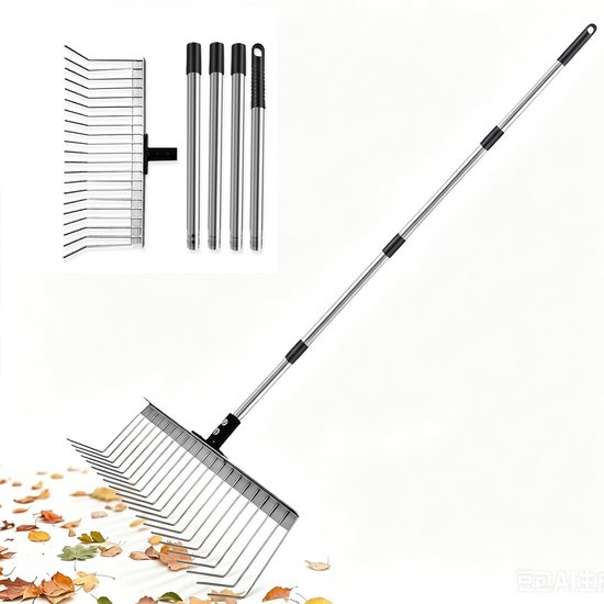 SnelShoppen - Bladbezem met 160 cm Roestvrijstalen Steel en 21 Tanden, Robuuste Gazonhark, 40 cm Brede Rekenkop, Tuinhark voor Tuin, Gazon, Struik, Gr