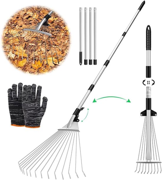 SnelShoppen - Bladbezem met Handgreep 215cm, Stalen Hark voor Bladeren, Tuinbezem, Verstelbare Hark met Handvat voor Planten, Gazon en Binnenplaatsen