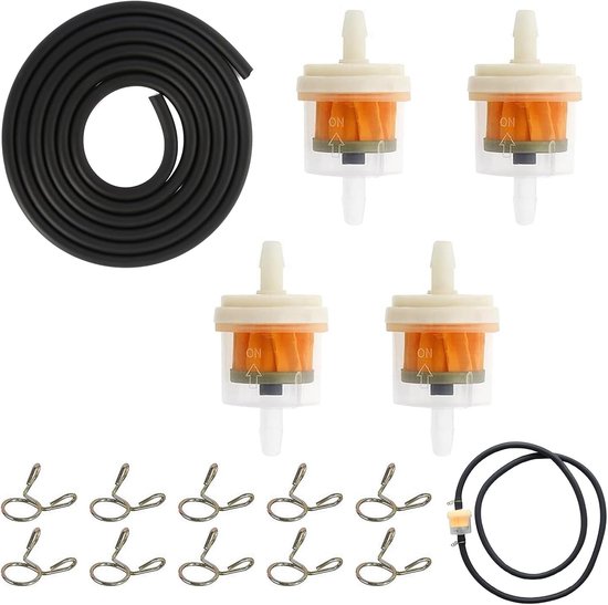 SnelShoppen - Brandstoffilter Set 4 Stuks Inclusief 1m Brandstofslang en 10 Slangklemmen voor Moped, Grasmaaier en Motorfiets
