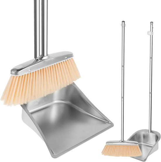 SnelShoppen - Broom and Sweeper Set met Lange Handgreep 118 cm, RVS, Borstel en Schep Set voor Thuis, Kantoor, Veranda, Terras, Schoonmaken, Buiten