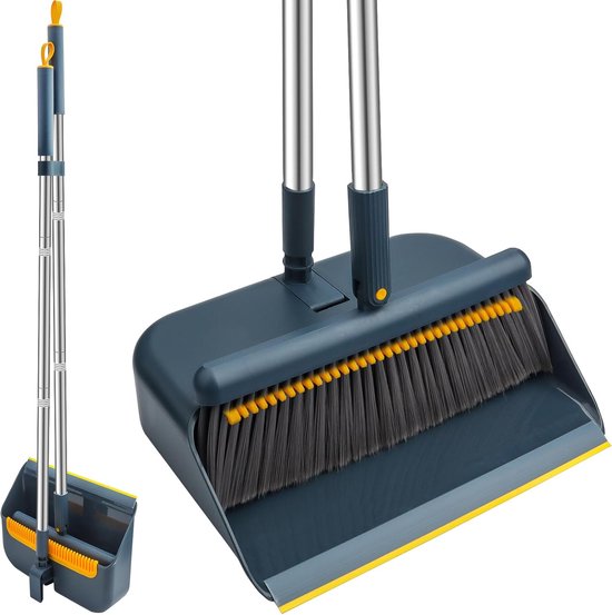 SnelShoppen - Broom Dustpan Set met Kam Tanden, Winddicht, Lange Handgreep, Huishoudelijke Broom Kit voor Schoonmaken en Veegwerk, Blauw