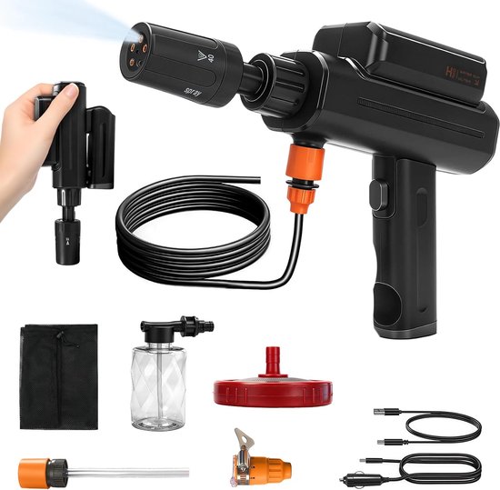 SnelShoppen - Draadloze draagbare hogedrukreiniger 12000 mAh accu, max. 250 psi, opvouwbaar, 5-in-1 mondstuk, 5 m slang, schuimreservoir, ideaal voor