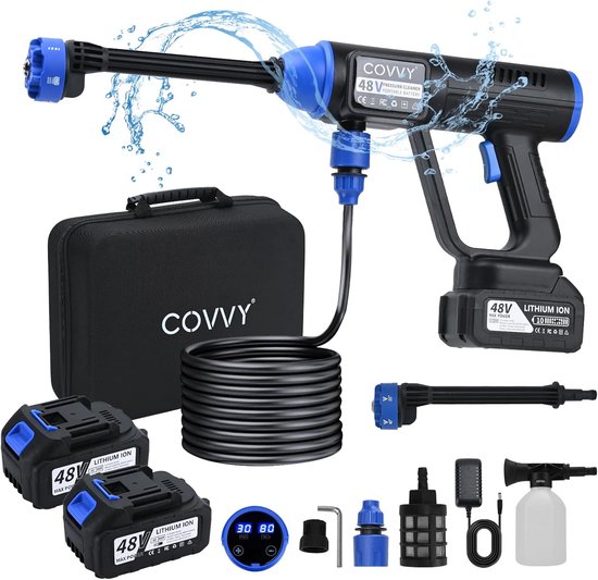 SnelShoppen - Draadloze Hogedrukreiniger 2-Batterij, Portable Met Schuimgenerator, 10 m Slang, Slangconnectorfilter, 6-in-1 Spuitmond, Jet Cleaner Voo