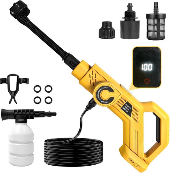 SnelShoppen - Draadloze Hogedrukreiniger 300W voor DeWalt 20V Accu, Borstelloze Motor, 800 Bar Waterdruk, 4-Snelheidsmodus, 6-in-1 Mondstuk, Draagbaar