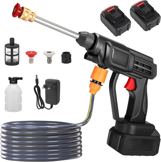 SnelShoppen - Draadloze Hogedrukreiniger 60 Bar, 300 W, Accu, Draagbaar Sproeiwaterpistool met 2x1500 mAh Accu's, Verstelbare Sproeimond, 5 m Slang vo