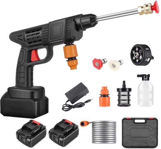 SnelShoppen - Draadloze Hogedrukreiniger 90 Bar - Mobiele Hogedrukreiniger met 2 x 6000 mAh Accu, 6-in-1 Sproeikop, 5M Slang en Verlenglans - Perfect