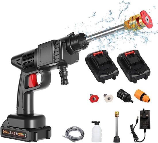 SnelShoppen - Draagbare 24V 1500 mAh Accu Hogedrukreiniger 150 PSI voor Auto, Tuin, Patio, Met RVS Filter en Vervangbare Nozzles