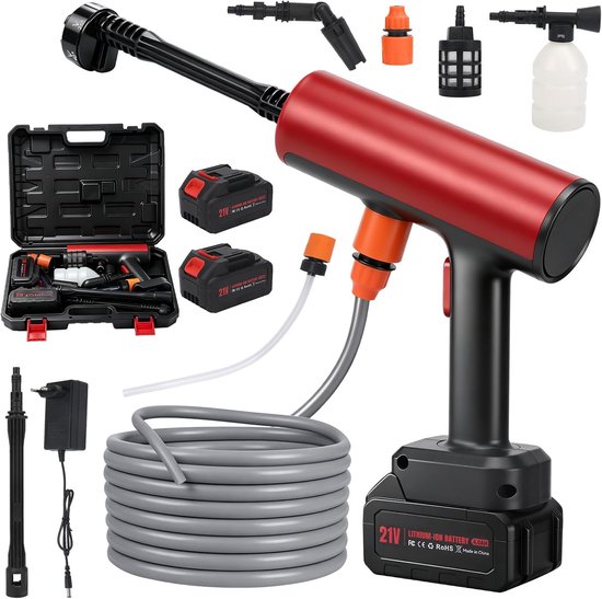 SnelShoppen - Draagbare Accuhogedrukreiniger 150W, 30 Bar, 2 x 2600 mAh Accu, 5 m Slang, 6-in-1 Mondstuk, Schuimfles & Koffer - Perfect voor Auto, Tui