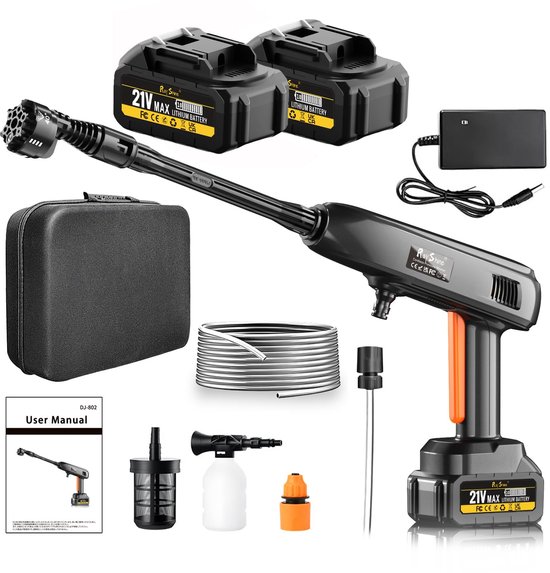 SnelShoppen - Draagbare Draadloze Hogedrukreiniger 1200PSI - 336l/h met 2 Batterijen, 6-in-1 Mondstuk & Verstelbaar Schuimkanon voor Auto en Tuin