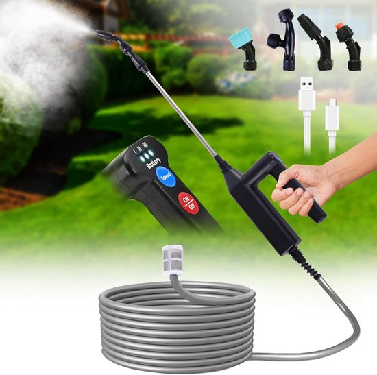 SnelShoppen - Draagbare Elektrische Plantenspuit - Accu Drukspuit met 5m Slang, 4 Mondstukken en Uitschuifbare Stang voor Tuin, Terras, Grond en Balko
