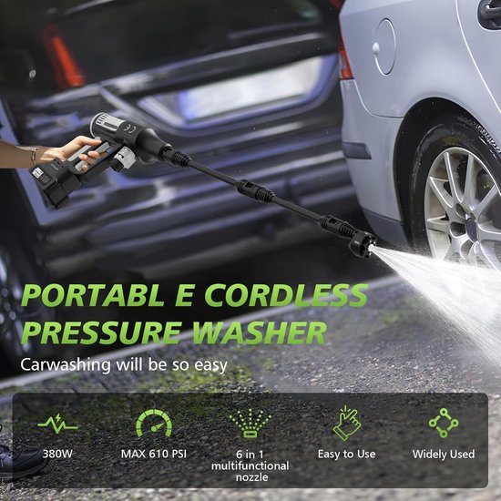 SnelShoppen - Draagbare Hogedrukreiniger 610 PSI, 380W, 6-in-1 Multi-Sproeimondstuk, 4 Reinigingsniveaus, 5m Slang - Ideaal voor Tuin, Camping en Auto