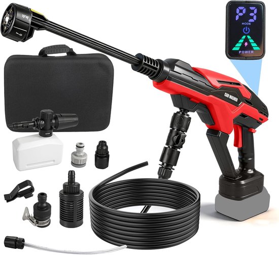 SnelShoppen - Draagbare Hogedrukreiniger 990 PSI met Brushless Motor, 6-in-1 Spuitmond, 3 Instellingen en LED Scherm - Ideaal voor Auto's en Muurreini