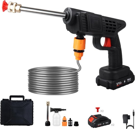 SnelShoppen - Draagbare Hogedrukreiniger Draadloos 21V met 2 Batterijen en Sproeiers voor Auto, Tuin en Terras - Inclusief 5m Slang