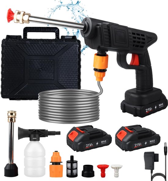 SnelShoppen - Draagbare hogedrukreiniger Draadloos met 2 Batterijen 21V, Multifunctioneel voor Auto, Vloer, Tuin en Buitengebruik, Inclusief 2 Sproeie
