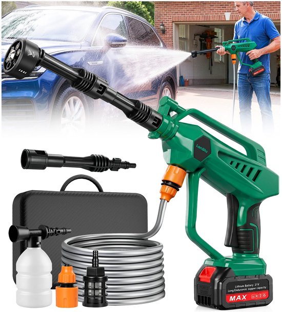 SnelShoppen - Draagbare Hogedrukreiniger met Accu voor Auto en Huis - Professionele 6-in-1 Mini Hogedrukreiniger met Verstelbaar Mondstuk voor Aircond